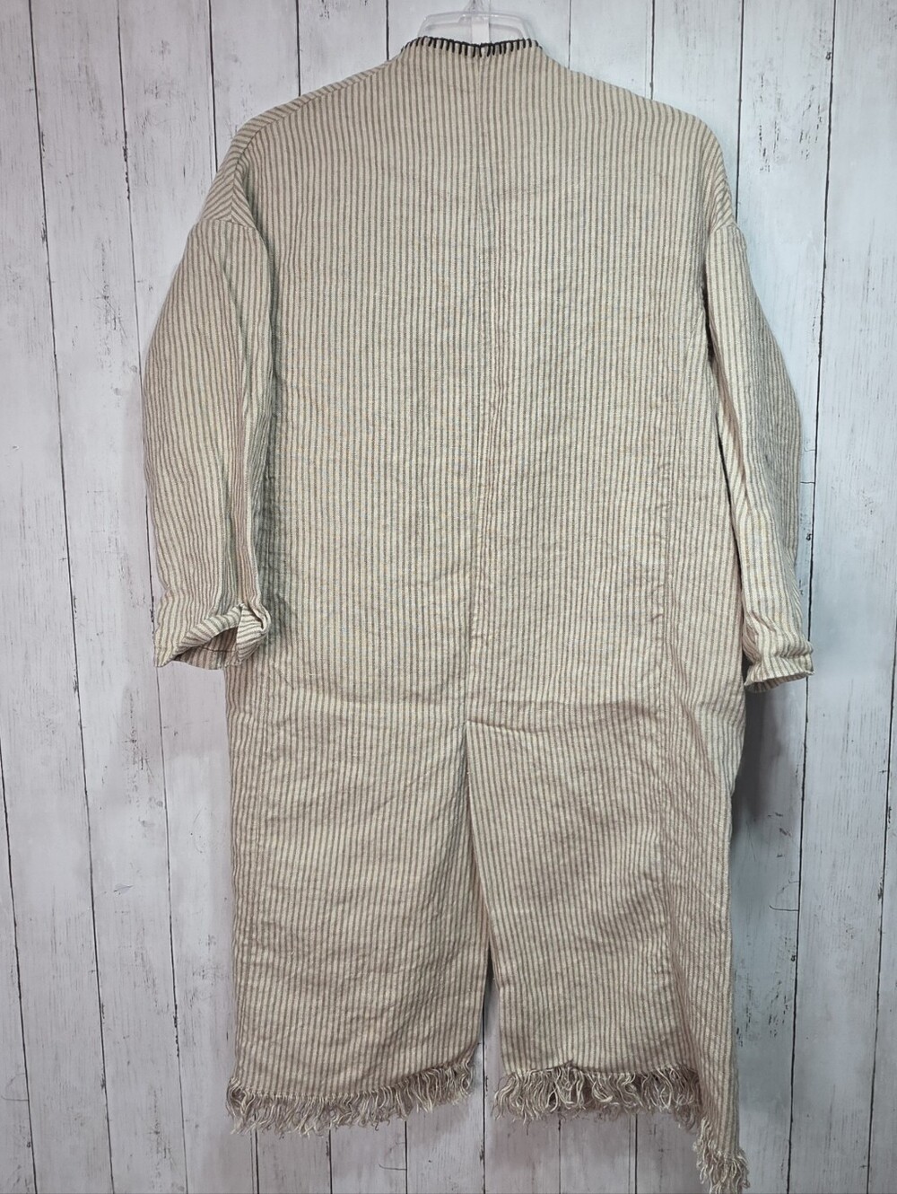 Zara Womens Beige Linen Striped Fringe Trim Hem Midi Duster Wrap Coat Size Large - Picture 7 of 15